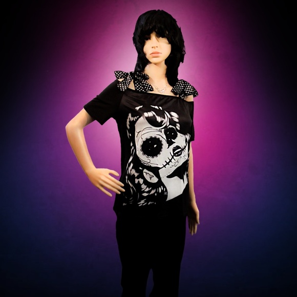 Sugar Skull Bow Top Rockabilly T-Shirt - Picture 1 of 5